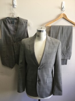 Mens, Suit, Jacket, PERRY ELLIS, Lt Gray, Beige, Lt Blue, Polyester, Rayon, Plaid, 38R, Single Breasted, 2 Buttons,  Notched Lapel,