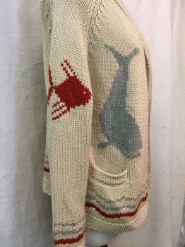 Womens, Sweater, THE GREAT, Beige, Red, Gray, Synthetic, Novelty Pattern, 0, Beige Knit, Shawl Lapel, Gray Whale Print & Red Fish Print, Red & Gray Stripped Trim, Open Front, 2 Pockets,