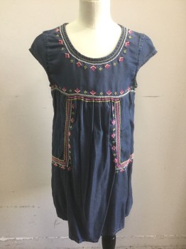 CHEROKEE, Denim Blue, Multi-color, Pink, Lime Green, White, Lyocell, Geometric, Solid, Denim Look, with Pink/Neon Pink/Lime/White Diamonds and Stripes Embroidered Accents at Neck, Empire Waist, Hips, Etc, Cap Sleeves, Scoop Neck