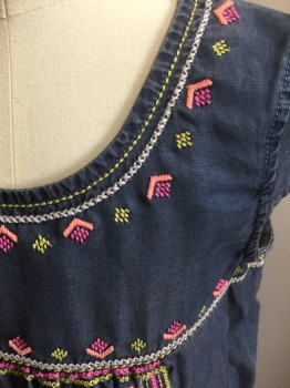 CHEROKEE, Denim Blue, Multi-color, Pink, Lime Green, White, Lyocell, Geometric, Solid, Denim Look, with Pink/Neon Pink/Lime/White Diamonds and Stripes Embroidered Accents at Neck, Empire Waist, Hips, Etc, Cap Sleeves, Scoop Neck