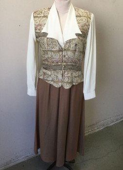 DAWN JOY FASHIONS, Taupe, Beige, Off White, Terracotta Brown, Polyester, Solid, Abstract , Brocade "Vest" Attached to Solid Off White "Blouse" with Long Sleeves Underneath, Unusual Collar, Padded Shoulders, Solid Beige "Skirt"  Attached, Ankle Length