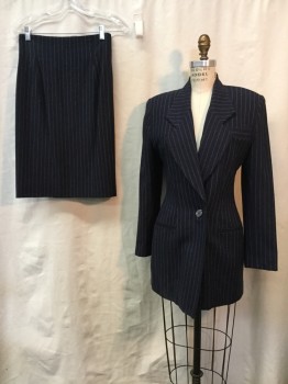 MICHAEL KORS, Navy Blue, White, Wool, Stripes - Pin, Navy, White Pin Stripes, Notched Lapel, Collar Attached, 1 Button, 3 Pockets,