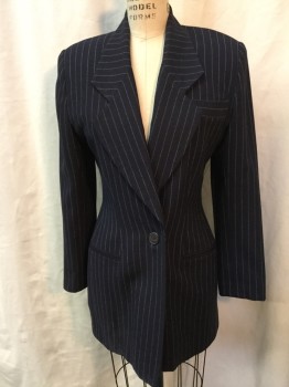 MICHAEL KORS, Navy Blue, White, Wool, Stripes - Pin, Navy, White Pin Stripes, Notched Lapel, Collar Attached, 1 Button, 3 Pockets,
