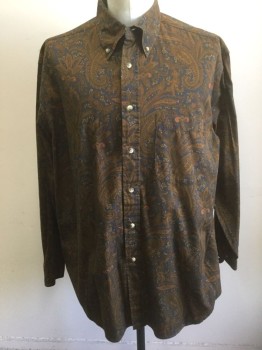 NAUTICA, Brown, Navy Blue, Rust Orange, Beige, Cotton, Paisley/Swirls, Long Sleeve Button Front, Collar Attached, Button Down Collar, 1 Patch Pocket,