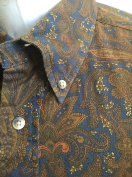 NAUTICA, Brown, Navy Blue, Rust Orange, Beige, Cotton, Paisley/Swirls, Long Sleeve Button Front, Collar Attached, Button Down Collar, 1 Patch Pocket,