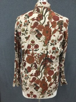 YASHI YAMAMURI, Taupe, Brick Red, Dk Gray, Green, Rayon, Floral, Button Front, Collar Attached, Long Sleeves, 1 Pocket,