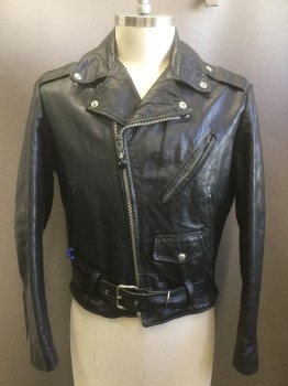 Mens, Leather Jacket, N/L, Black, Leather, Solid, 42, Silver Metal Zipper, 4 Assorted Pockets, Zippers at Sleeve Hem, Epaulets, Self Belt, Blue Beads  on Right Pocket, Quilted Lining