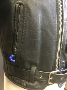 Mens, Leather Jacket, N/L, Black, Leather, Solid, 42, Silver Metal Zipper, 4 Assorted Pockets, Zippers at Sleeve Hem, Epaulets, Self Belt, Blue Beads  on Right Pocket, Quilted Lining