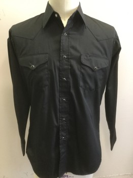 Mens, Western, FLYING RANCH WEAR, Black, Cotton, Solid, 34, 16.5, Peaked Collar, Black and Silver Snap Front, Pocket Flap, Long Sleeves,