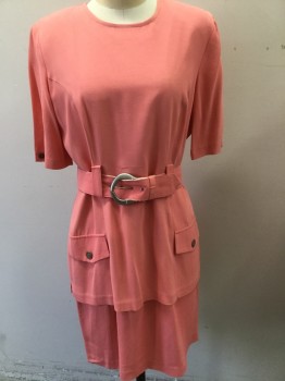 ALL THAT JAZZ, Coral Orange, Rayon, Acetate, Solid, Crew Neck, Short Sleeves, Flap Pockets, Faux 2 Piece, Top Attached to Skirt, Wide Belt Loops, *Belt
