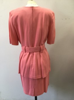 ALL THAT JAZZ, Coral Orange, Rayon, Acetate, Solid, Crew Neck, Short Sleeves, Flap Pockets, Faux 2 Piece, Top Attached to Skirt, Wide Belt Loops, *Belt