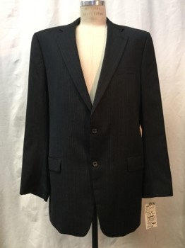 NO LABEL, Charcoal Gray, Gray, Royal Blue, Wool, Stripes - Pin, Heathered, Heather Charcoal, Gray & Royal Blue Pinstripes, Notched Lapel, Collar Attached, 2 Buttons,  3 Pockets,