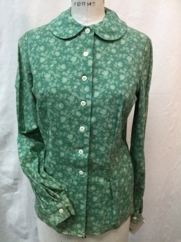 CLORIS LEACHMAN, Green, Lt Green, Cotton, Polyester, Floral, (2 of Them: B-34 & B-38)  Dark Mint Green with Light Green Floral Print, Collar Attached, Button Front, Long Sleeves, Vertical Seams Front & Back,