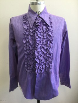 Mens, Formal Shirt, N/L, Purple, Violet Purple, Poly/Cotton, Geometric, Slv:32, N:15.5, Long Sleeve Button Front, Long 70's Style Collar Attached, Ruffled Front, Long 3 Button Cuffs with Ruffled Edge,