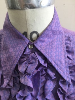 Mens, Formal Shirt, N/L, Purple, Violet Purple, Poly/Cotton, Geometric, Slv:32, N:15.5, Long Sleeve Button Front, Long 70's Style Collar Attached, Ruffled Front, Long 3 Button Cuffs with Ruffled Edge,