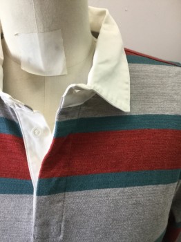 PATAGONIA, Lt Gray, Red, Teal Blue, Cotton, Stripes, Rugby Shirt, Jersey, Long Sleeves, Hidden Placket, Woven White Collar Attached