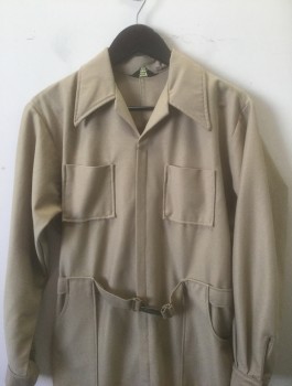 Mens, Jumpsuit, PARA SUIT, Tan Brown, Polyester, Solid, W:32, M, Ins:28, Waffle Texture, Long Sleeves, Zip Front, Collar Attached, 6 Pockets (2 on Chest, 2 at Sides, 2 in Back), Attached Belt at Sides of Waist with Metal Buckle with Crown Detail, Elastic Waist in Back,