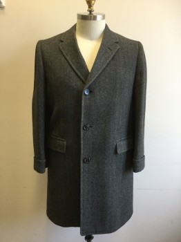 Mens, Coat, BURLEIGH, Charcoal Gray, Wool, Herringbone, 44, Single Breasted, Collar Attached, Notched Lapel, 2 Flap Pockets, Turned Back Cuff. Shoulder Sleeve Seam, Knee Length,