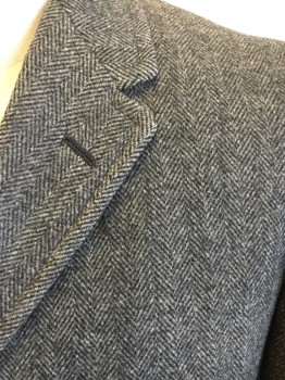 Mens, Coat, BURLEIGH, Charcoal Gray, Wool, Herringbone, 44, Single Breasted, Collar Attached, Notched Lapel, 2 Flap Pockets, Turned Back Cuff. Shoulder Sleeve Seam, Knee Length,
