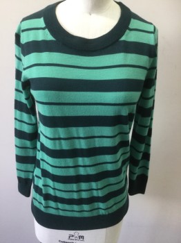 Womens, Pullover, J CREW, Forest Green, Shamrock Green, Wool, Stripes - Horizontal , XS, 3/4 Sleeves, Crew Neck,