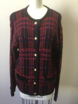 Womens, Sweater, KAREN SCOTT, Black, Wine Red, Dk Blue, Acrylic, Wool, Plaid, S, Knit, Long Sleeves, Round Neck,  6 Gold Metal Embossed Buttons at Front, 2 Welt Pockets,