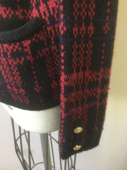 KAREN SCOTT, Black, Wine Red, Dk Blue, Acrylic, Wool, Plaid, Knit, Long Sleeves, Round Neck,  6 Gold Metal Embossed Buttons at Front, 2 Welt Pockets,