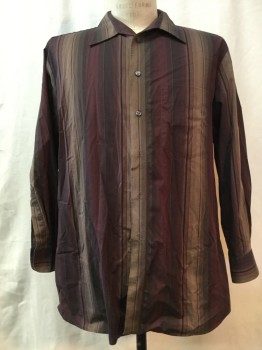 EXRA GLATT, Brown, Red Burgundy, Black, Cotton, Stripes - Vertical , Button Front, Collar Attached, Long Sleeves, 1 Pocket,