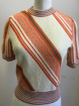 BUTTE KNIT, Orange, Off White, Dk Green, Synthetic, Stripes - Diagonal , Stripes - Horizontal , Late 60's -Early 70s, Textured Diagonal Knit, Horizontal Stripe Ribbed Knit Collar/Cuff/Waistband, Zip Back, Short Sleeves