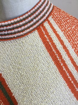 BUTTE KNIT, Orange, Off White, Dk Green, Synthetic, Stripes - Diagonal , Stripes - Horizontal , Late 60's -Early 70s, Textured Diagonal Knit, Horizontal Stripe Ribbed Knit Collar/Cuff/Waistband, Zip Back, Short Sleeves