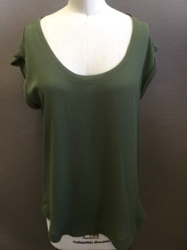 Womens, Top, JCREW, Olive Green, Polyester, Solid, 2, Scoop Neck, Cap Sleeves with Cuff, Pull Over, High Low