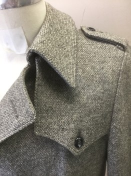 Mens, Coat, JOHN WEITZ, Gray, Wool, Solid, 40R, Textured Woven Wool, Double Breasted, Collar Attached, Epaulets at Shoulders, Pointed Yoke with Button Detail, 2 Pockets, **Comes with Matching Fabric Belt with Black Buckle