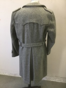 Mens, Coat, JOHN WEITZ, Gray, Wool, Solid, 40R, Textured Woven Wool, Double Breasted, Collar Attached, Epaulets at Shoulders, Pointed Yoke with Button Detail, 2 Pockets, **Comes with Matching Fabric Belt with Black Buckle