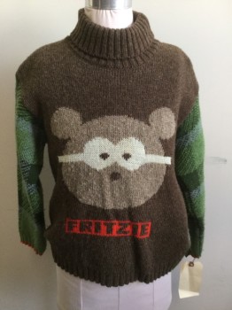 OILILY, Brown, Green, Olive Green, Red, Wool, Novelty Pattern, Turtleneck, Teddy Bear Face on Front, with Red Text "Fritzie", Knit, Sleeves And Back Have Green Plaid Pattern, Multiples