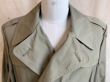 Mens, Coat, VAUGHN, Khaki Brown, Lt Olive Grn, Cotton, Solid, 42R, Notched Lapel, Flap Front & Back, Double Breasted, 6 Gray  Button Front, Long Sleeves with Short Strap & Button, 3/4 Length, SELF BELT with Gray Rectangle Buckle, Split Center Back Hem, Detachable Lining