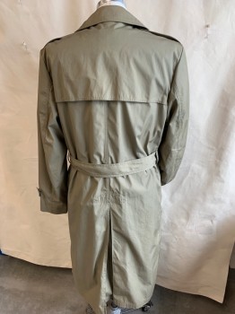 Mens, Coat, VAUGHN, Khaki Brown, Lt Olive Grn, Cotton, Solid, 42R, Notched Lapel, Flap Front & Back, Double Breasted, 6 Gray  Button Front, Long Sleeves with Short Strap & Button, 3/4 Length, SELF BELT with Gray Rectangle Buckle, Split Center Back Hem, Detachable Lining