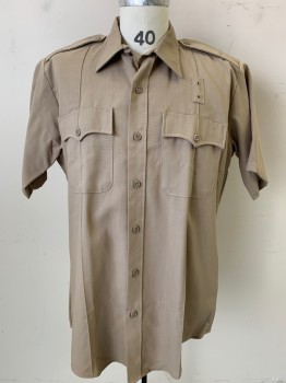 FLYING CROSS, Tan Brown, Polyester, Rayon, Solid, Short Sleeves, Button Front, Epaulets, 2 Pockets,