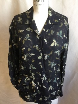Womens, Blouse, CALVIN KLEIN, Black, Beige, Olive Green, Synthetic, Leaves/Vines , 6, L/S, Button Front, Collar Attached, Button Front, Small Ruffle Trim on Cuff