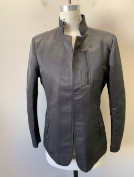 Mens, Casual Jacket, D DESIGNS PREMIUM, Dk Gray, Cotton, Polyester, Solid, Stand Collar, Open Front with Button Holes (**Missing Buttons), 3 Pockets, Minimalist Design, Lining is Navy with Burgundy/Olive/Cream Medallion Pattern