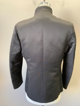 Mens, Casual Jacket, D DESIGNS PREMIUM, Dk Gray, Cotton, Polyester, Solid, Stand Collar, Open Front with Button Holes (**Missing Buttons), 3 Pockets, Minimalist Design, Lining is Navy with Burgundy/Olive/Cream Medallion Pattern
