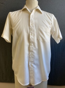 Mens, Dress Shirt, ARROW KENT, Eggshell White, Poly/Cotton, Stripes - Shadow, 16.5, Button Front, Collar Attached, 2 Pockets, Short Sleeves