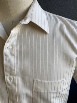 Mens, Dress Shirt, ARROW KENT, Eggshell White, Poly/Cotton, Stripes - Shadow, 16.5, Button Front, Collar Attached, 2 Pockets, Short Sleeves