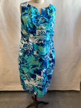 ADRIANA PAPELL, Aqua Blue, Dk Blue, White, Lt Green, Cotton, Spandex, Abstract , Surplice V-neck, Pleated at Collar, Zip Back, Gathered Side Waist Panels, Hem Below Knee