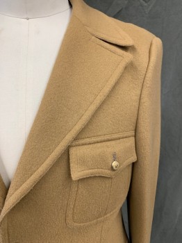 N/L, Camel Brown, Wool, Solid, Single Breasted, Collar Attached, Notched Lapel, 3 Flap Patch Pockets