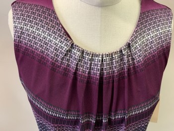 Womens, Top, CALVIN KLEIN, Dk Purple, Lavender Purple, White, Black, Polyester, Spandex, Ombre, Geometric, M, Sleeveless, Pleated Round Neck,  Pullover, Keyhole Back