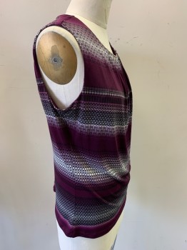 Womens, Top, CALVIN KLEIN, Dk Purple, Lavender Purple, White, Black, Polyester, Spandex, Ombre, Geometric, M, Sleeveless, Pleated Round Neck,  Pullover, Keyhole Back