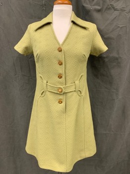 N/L, Avocado Green, Synthetic, Solid, Textured Knit, 1/2 Button Front, Wooden Buttons with Rhinestones, Collar Attached, Mini, Attached Tab Self Belt Through Belt Loops,