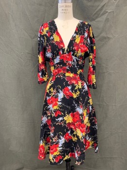 Womens, Dress, Long & 3/4 Sleeve, TRASHY DIVA, Black, Red, Lt Blue, Green, Maroon Red, Viscose, Floral, Sz..6, V-neck, Gathered Top with Horizontal Stitching Above Chest, 3/4 Sleeve, Panelled Waistband, Gored Skirt, Zip Back