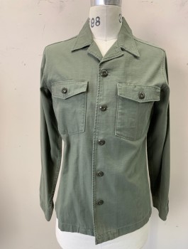 WALLACE & BARNES, Olive Green, Cotton, Solid, Button Front, Collar Attached, 2 Flap Patch Pockets, Long Sleeves, Button Cuff
