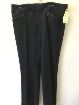 Mens, 1970s Vintage, P2, N/L, Black, White, Polyester, Solid, 33, 40, Solid Black with White Top Stitching Trim on the Pockets, 4 Pockets, Flat Front,