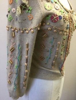 LA ROK, Beige, Multi-color, Cotton, Beaded, Abstract , Beige Knit Covered in Multicolor Assorted Beads of Various Sizes and Embroidery, Tiny Light Wood Buttons at Front, 3/4 Sleeves, Scoop Neck